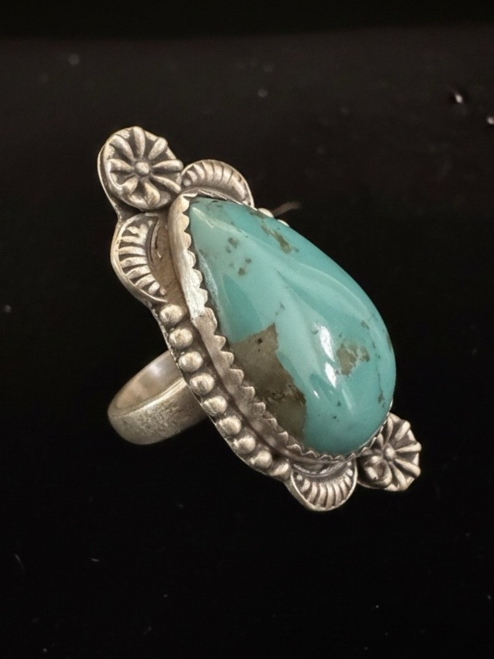 Sterling Silver genuine, Kingman Turquoise Teardrop Ring - Turquoise Blue - Picture 3 of 7